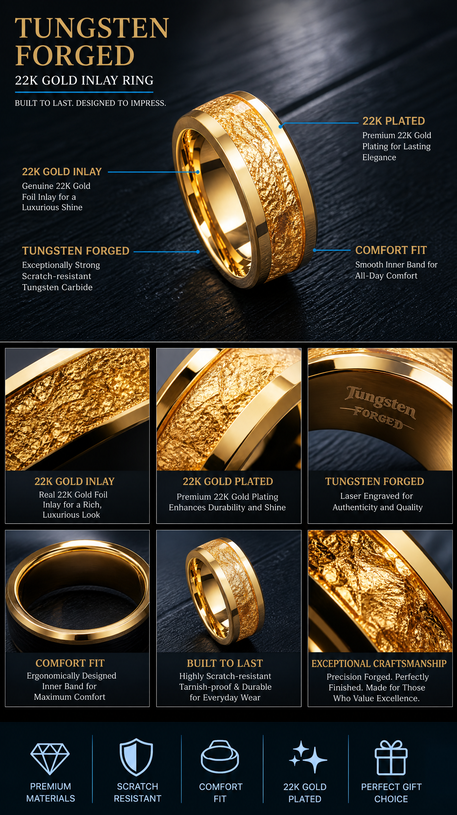 Gold 22K foil inlay - Tungsten forged