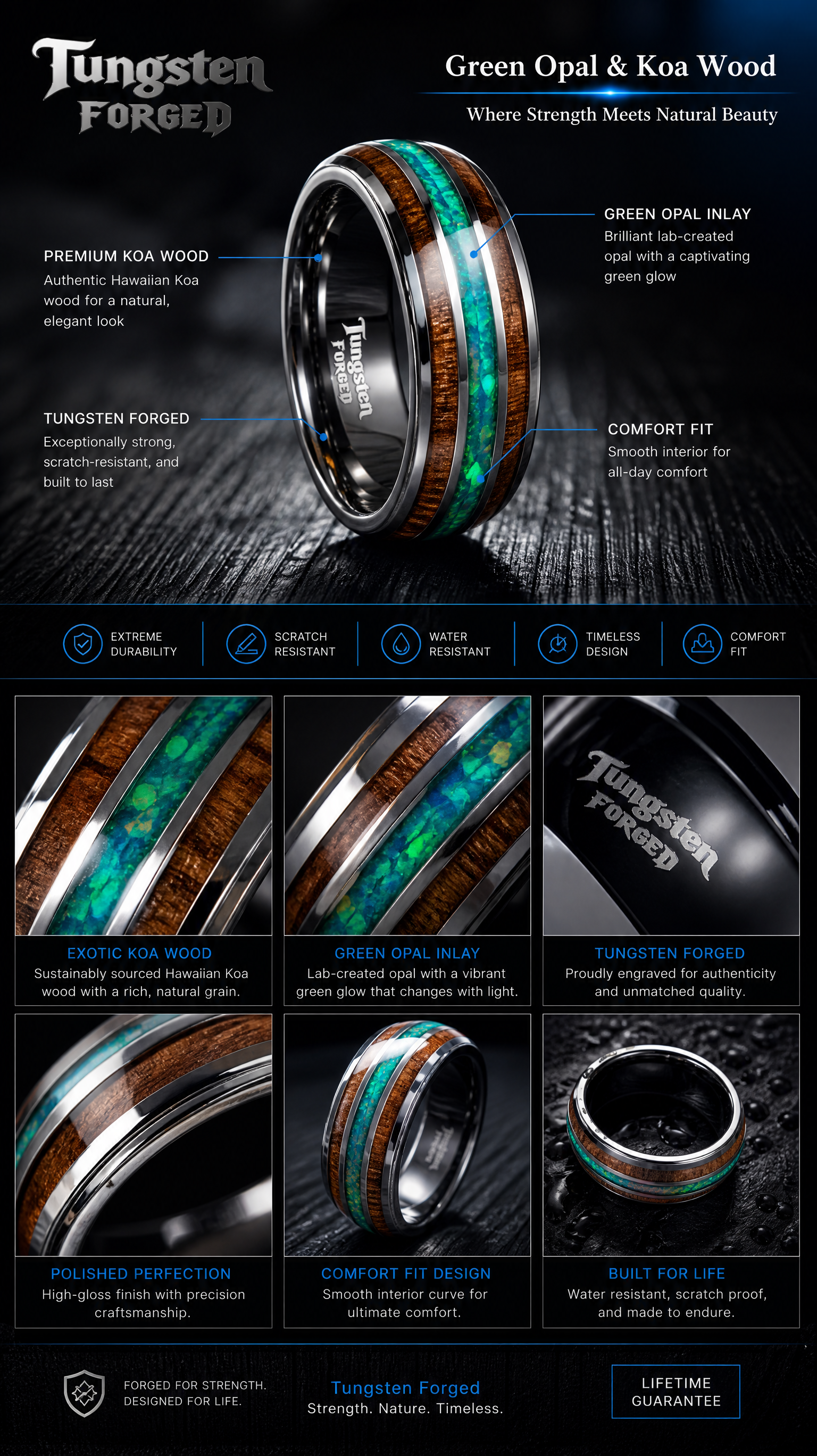 Green Opal & Koa Wood - Tungsten Forged
