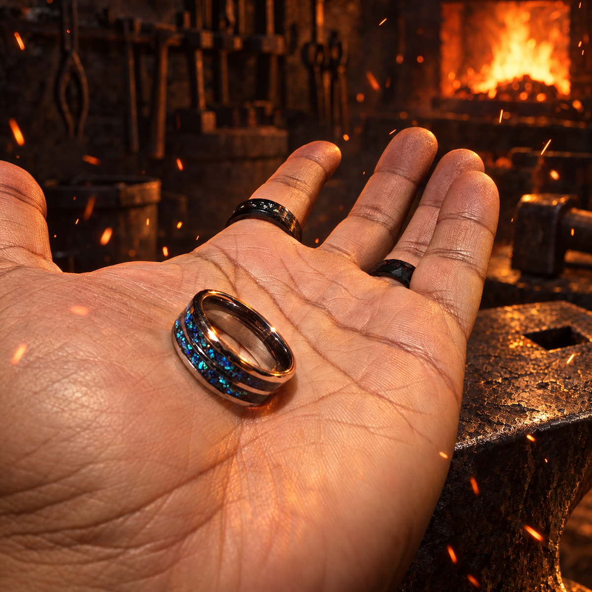 Double Crushed Opal Tungsten Ring | Forged