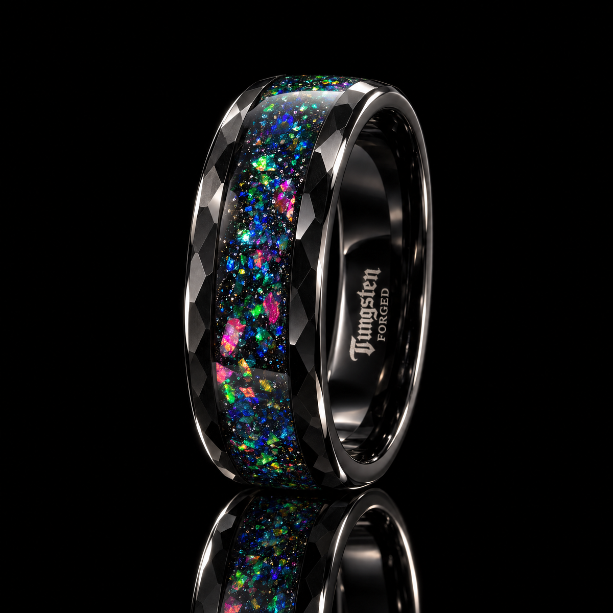 Crushed Opal & Emerald Tungsten Ring | Forged